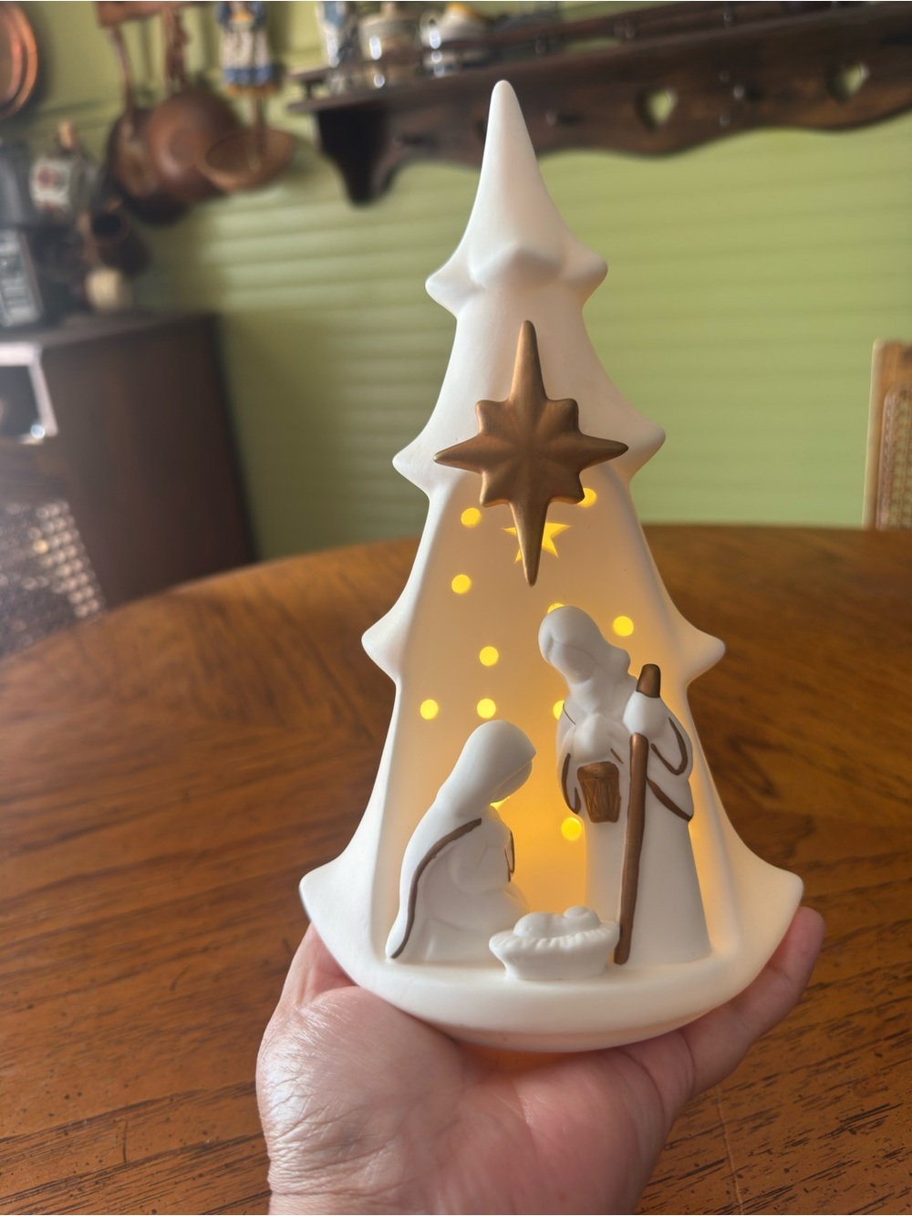 White Ceramic Nativity Tree LED Figurine with Gold Accents